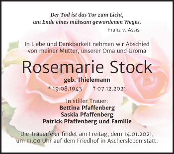 Traueranzeige von Rosemarie Stock von Trauerkombi Aschersleben