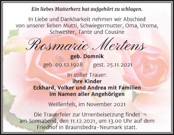 Traueranzeige von Rosmarie Mertens von Trauerkombi Weißenfels