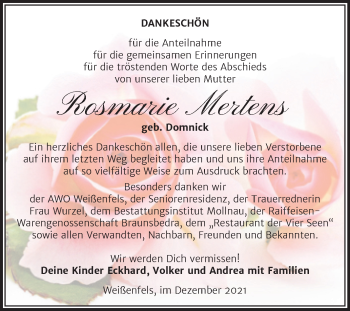 Traueranzeige von Rosmarie Mertens von Trauerkombi Weißenfels