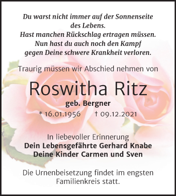 Traueranzeige von Roswitha Ritz von Trauerkombi Wittenberg