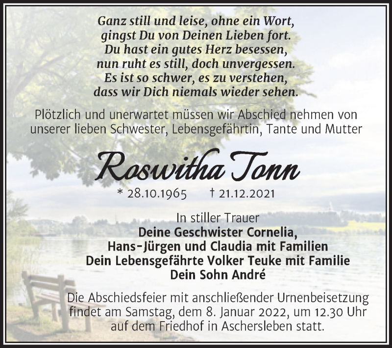  Traueranzeige für Roswitha Tonn vom 31.12.2021 aus Trauerkombi Aschersleben