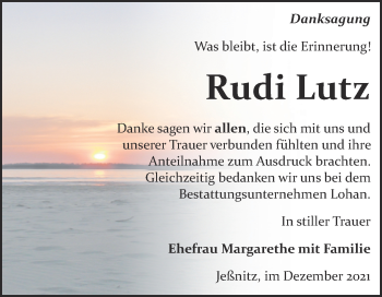 Traueranzeige von Rudi Lutz von Mitteldeutsche Zeitung Bitterfeld