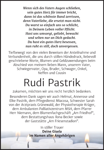 Traueranzeige von Rudi Pastrik von Trauerkombi Sangerhausen