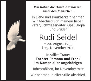 Traueranzeige von Rudi Seidel von Trauerkombi Weißenfels