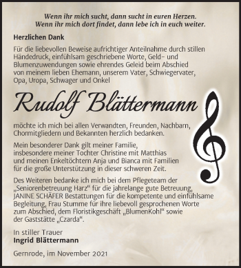 Traueranzeige von Rudolf Blättermann von Trauerkombi Quedlinburg
