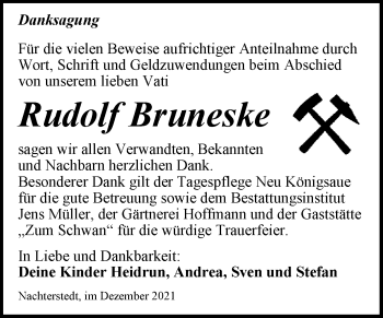 Traueranzeige von Rudolf Bruneske von Trauerkombi Aschersleben