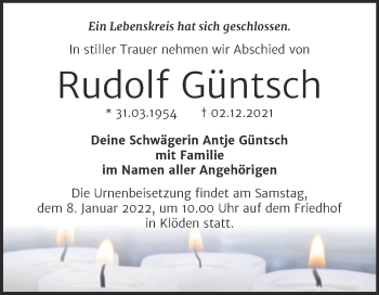Traueranzeige von Rudolf Güntsch von Mitteldeutsche Zeitung