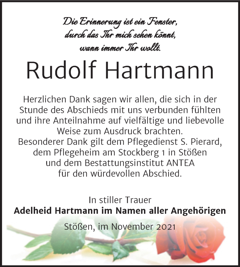  Traueranzeige für Rudolf Hartmann vom 01.12.2021 aus Wochenspiegel Naumburg/Nebra