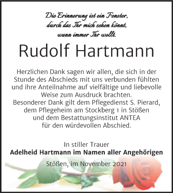 Traueranzeige von Rudolf Hartmann von Wochenspiegel Naumburg/Nebra