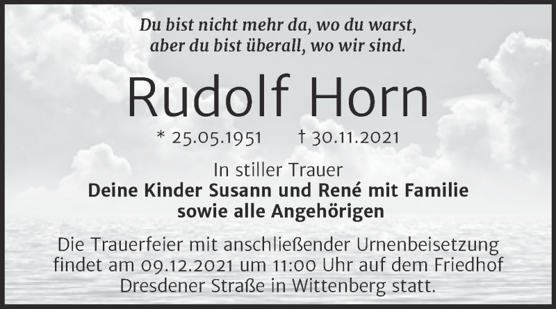  Traueranzeige für Rudolf Horn vom 04.12.2021 aus Super Sonntag Wittenberg