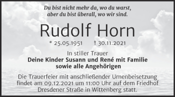 Traueranzeige von Rudolf Horn von Super Sonntag Wittenberg