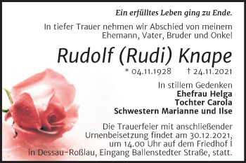 Traueranzeige von Rudolf Knape von Trauerkombi Dessau
