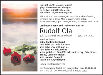 Traueranzeige von Rudolf Ola von Naumburger Tageblatt