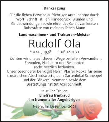 Traueranzeige von Rudolf Ola von Naumburger Tageblatt