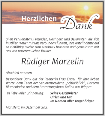 Traueranzeige von Rüdiger Marzelin von Trauerkombi Mansfelder Land