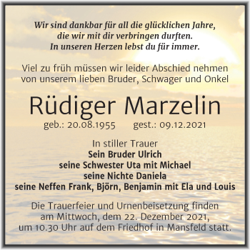 Traueranzeige von Rüdiger Marzelin von Trauerkombi Mansfelder Land