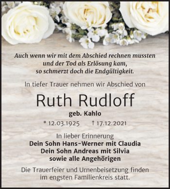 Traueranzeige von Ruth Rudloff von Trauerkombi Wittenberg