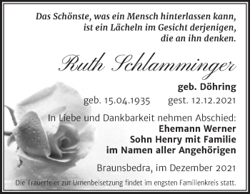 Traueranzeige von Ruth Schlamminger von Trauerkombi Merseburg
