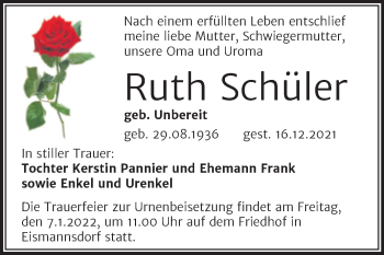 Traueranzeige von Ruth Schüler von Mitteldeutsche Zeitung Halle/Saalkreis