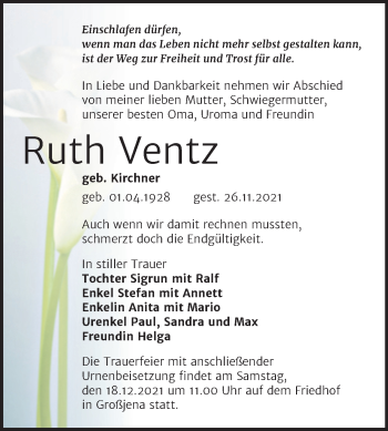 Traueranzeige von Ruth Ventz von Wochenspiegel Naumburg/Nebra