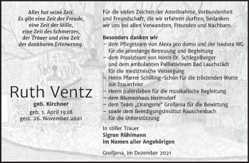 Traueranzeige von Ruth Ventz von Wochenspiegel Naumburg/Nebra