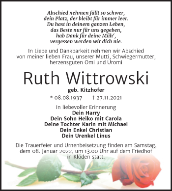 Traueranzeige von Ruth Wittrowski von Trauerkombi Wittenberg