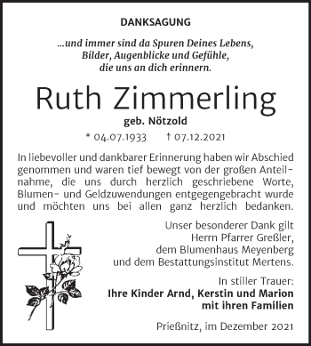 Traueranzeige von Ruth Zimmerling von Wochenspiegel Naumburg/Nebra