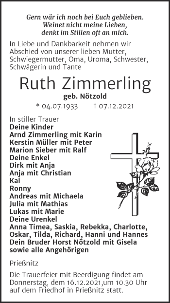 Traueranzeige von Ruth Zimmerling von Wochenspiegel Naumburg/Nebra