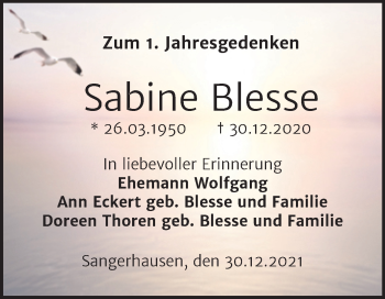 Traueranzeige von Sabine Blesse von Mitteldeutsche Zeitung Sangerhausen