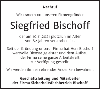 Traueranzeige von Siegfried Bischoff von Mitteldeutsche Zeitung Sangerhausen