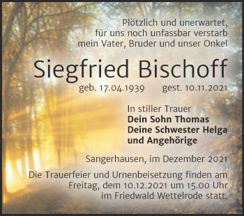 Traueranzeige von Siegfried Bischoff von Trauerkombi Sangerhausen