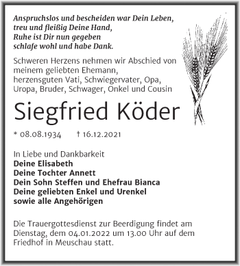 Traueranzeige von Siegfried Köder von Trauerkombi Merseburg