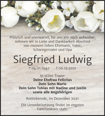 Traueranzeige von Siegfried Ludwig von Wochenspiegel Sangerhausen