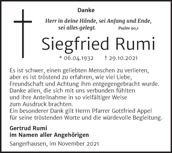 Traueranzeige von Siegfried Rumi von Trauerkombi Mansfelder Land
