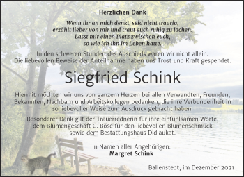 Traueranzeige von Siegfried Schink von Trauerkombi Quedlinburg