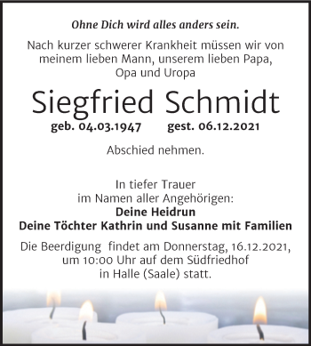 Traueranzeige von Siegfried Schmidt von Mitteldeutsche Zeitung Halle/Saalkreis