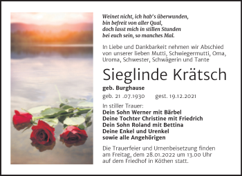 Traueranzeige von Sieglinde Krätsch von Trauerkombi Köthen