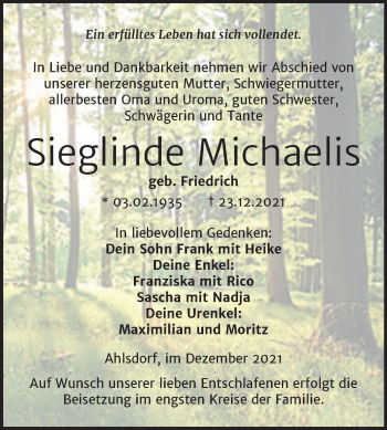 Traueranzeige von Sieglinde Michaelis von Trauerkombi Mansfelder Land