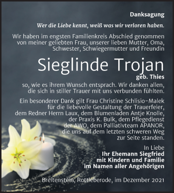Traueranzeige von Sieglinde Trojan von Trauerkombi Sangerhausen
