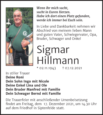 Traueranzeige von Sigmar Hillmann von Trauerkombi Quedlinburg