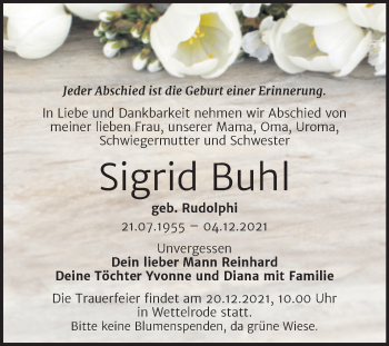 Traueranzeige von Sigrid Buhl von Trauerkombi Sangerhausen