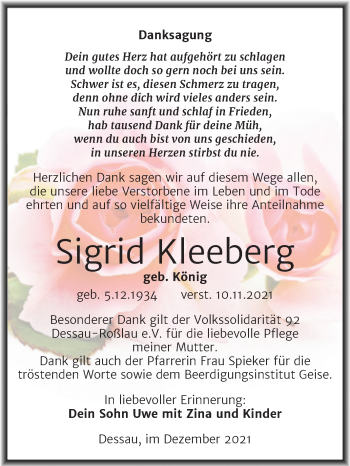 Traueranzeige von Sigrid Kleeberg von Trauerkombi Dessau