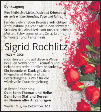 Traueranzeige von Sigrid Rochlitz von Trauerkombi Weißenfels