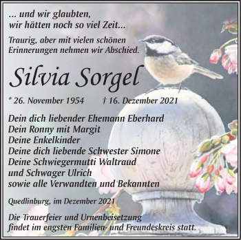 Traueranzeige von Silvia Sorgel von Trauerkombi Quedlinburg