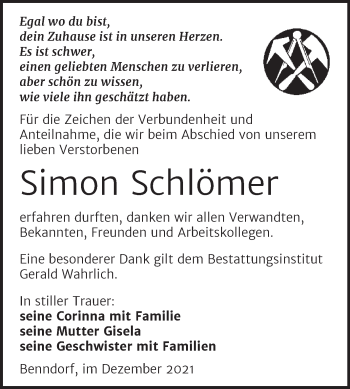 Traueranzeige von Simon Schlömer von Trauerkombi Mansfelder Land
