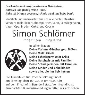 Traueranzeige von Simon Schlömer von Trauerkombi Mansfelder Land