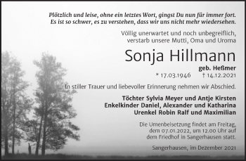 Traueranzeige von Sonja Hillmann von Trauerkombi Sangerhausen