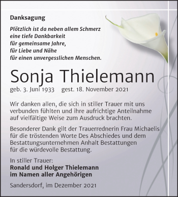 Traueranzeige von Sonja Thielemann von Trauerkombi Bitterfeld