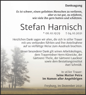 Traueranzeige von Stefan Harnisch von Wochenspiegel Naumburg/Nebra
