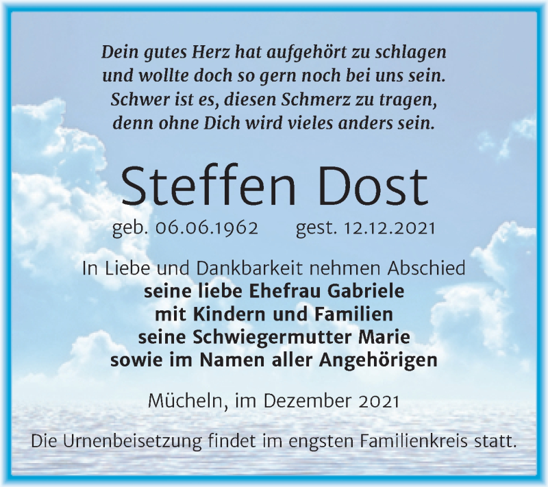  Traueranzeige für Steffen Dost vom 18.12.2021 aus Trauerkombi Merseburg